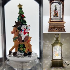 Snowman With Reindeer Musical Glitter Spinning Christmas Lantern Snowglobe NEW